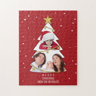 Modern Merry Christmas Tree Photo Collage Red Jigsaw Puzzle