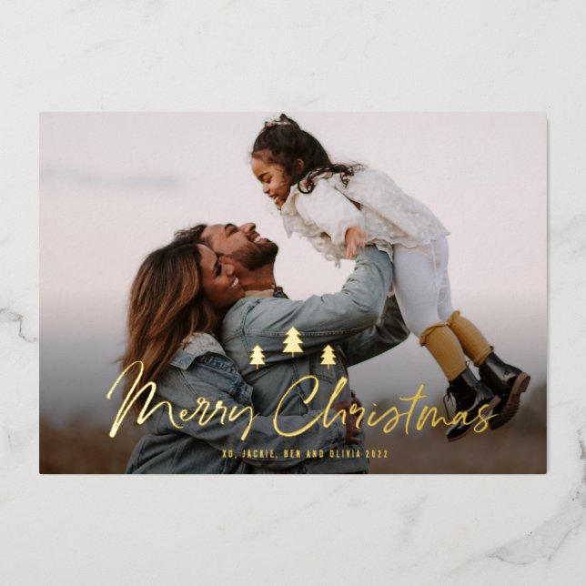 Modern Merry Christmas Tree Trio 2 photo Gold Foil Holiday Card (Front)