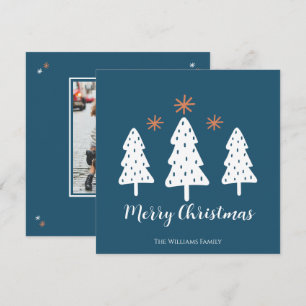 Modern Merry Christmas Trees and Stars Bleu Holiday Card