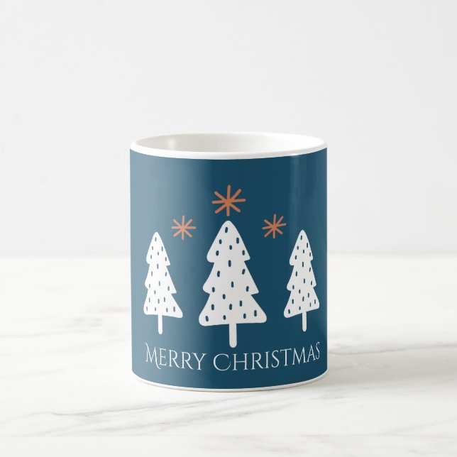 Modern Merry Christmas Trees and Stars Blue Mug (Center)
