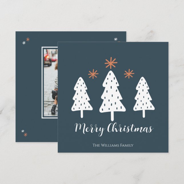 Modern Merry Christmas Trees and Stars Photo  Holiday Card (Front/Back)