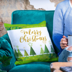 Modern Merry Christmas Trees Gold Script  Cushion
