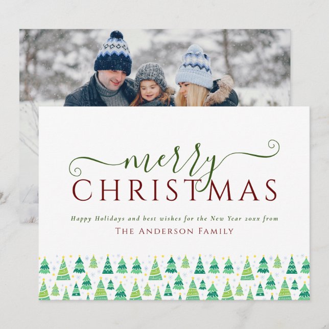 Modern Merry Christmas Trees Photo  Holiday Card (Front/Back)