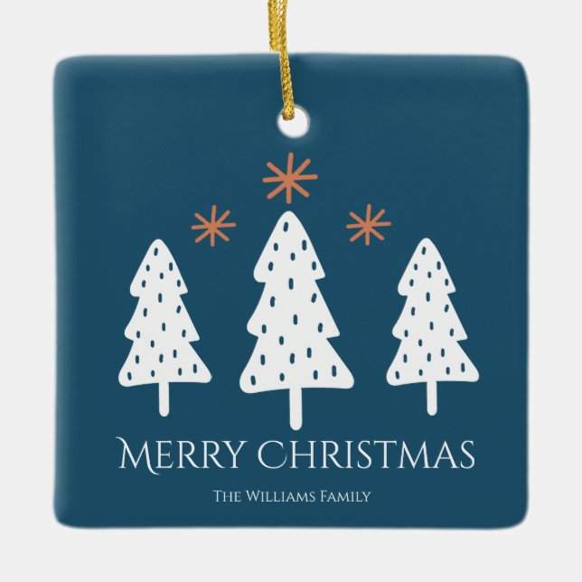 Modern Merry Christmas Trees Stars Photo Blue Ceramic Ornament (Front)