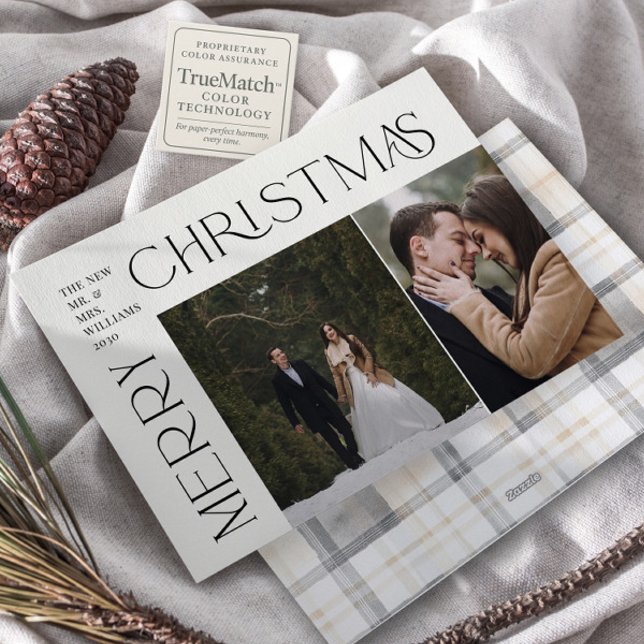Modern Merry Christmas Typography 2 Photo Plaid Holiday Card (Creator Uploaded)