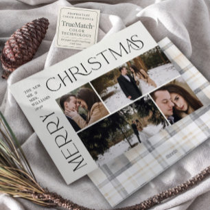 Modern Merry Christmas Typography 4 Photo Plaid Holiday Card