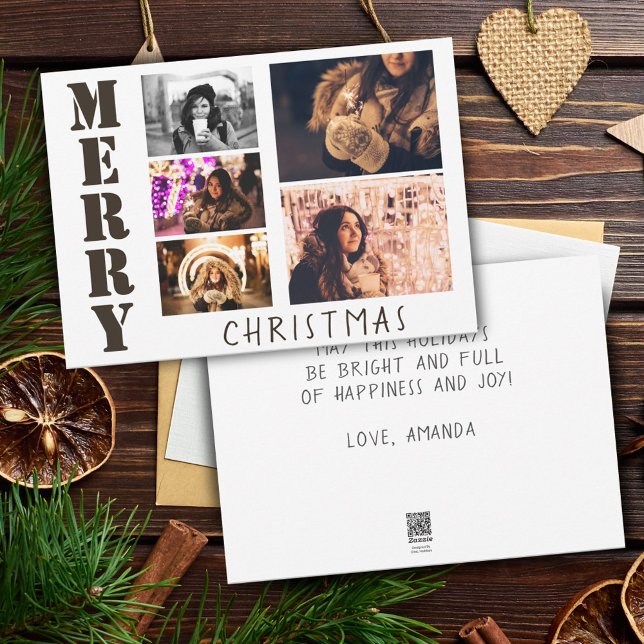 Modern Merry Christmas Typography 5 Photo Collage Holiday Card (Creator Uploaded)