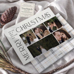 Modern Merry Christmas Typography 5 Photo Plaid Holiday Card