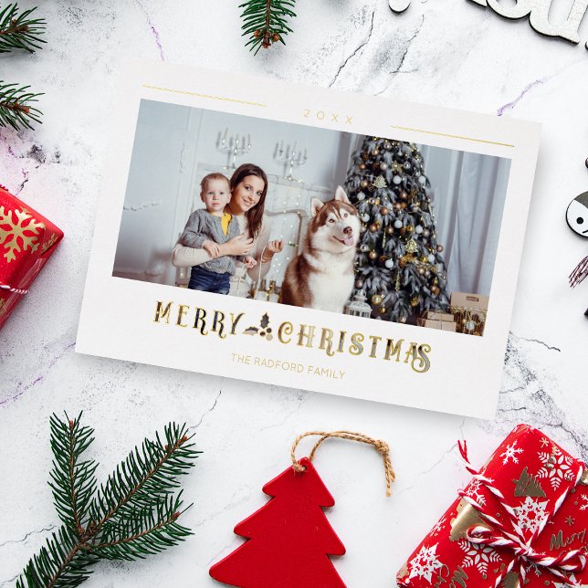 Modern Merry Christmas Typography Custom Photo Foil Holiday Card (Creator Uploaded)