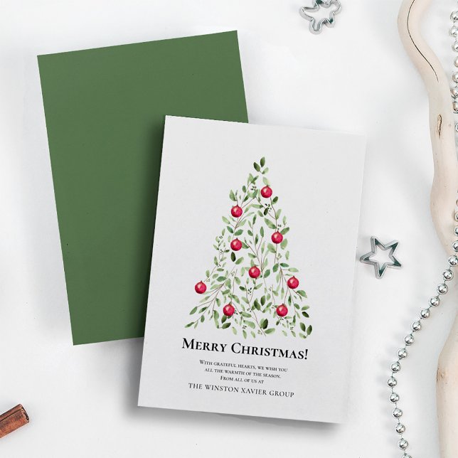 Modern Merry Christmas Watercolor Tree Thank you Holiday Card (Merry Christmas Thank you elegant watercolor holiday tree corporate card.)