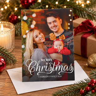 Modern Merry Christmas White Script Overlay Photo Holiday Card