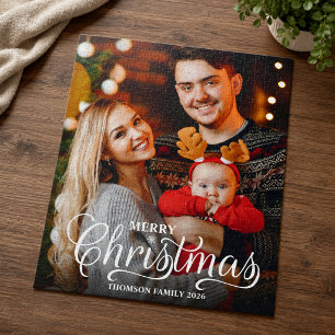 Modern Merry Christmas White Script Overlay Photo  Jigsaw Puzzle