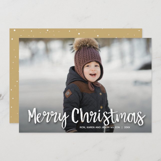 Modern Merry Christmas White Script Photo Holiday Card (Front/Back)
