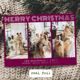 Modern Merry Christmas Wine Photo Foil Holiday Card