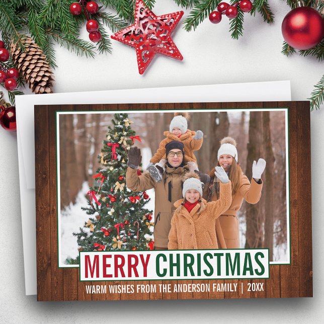 Modern Merry Christmas Wood Family Photo Holiday Card (Customize to add text to back of card.)