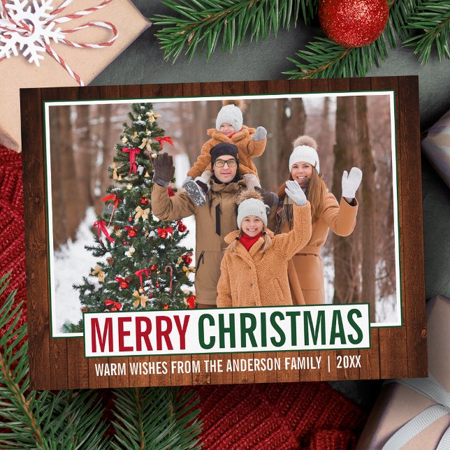 Modern Merry Christmas Wood Family Photo Postcard (Customize to change your personalized text size or text style.)