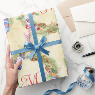 Modern Merry Christmas Wreath Red Yellow Letter Wrapping Paper