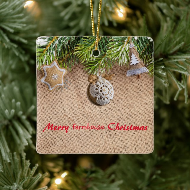 Modern Merry Farmhouse Christmas Rustic Burlap  Ceramic Ornament (Tree)
