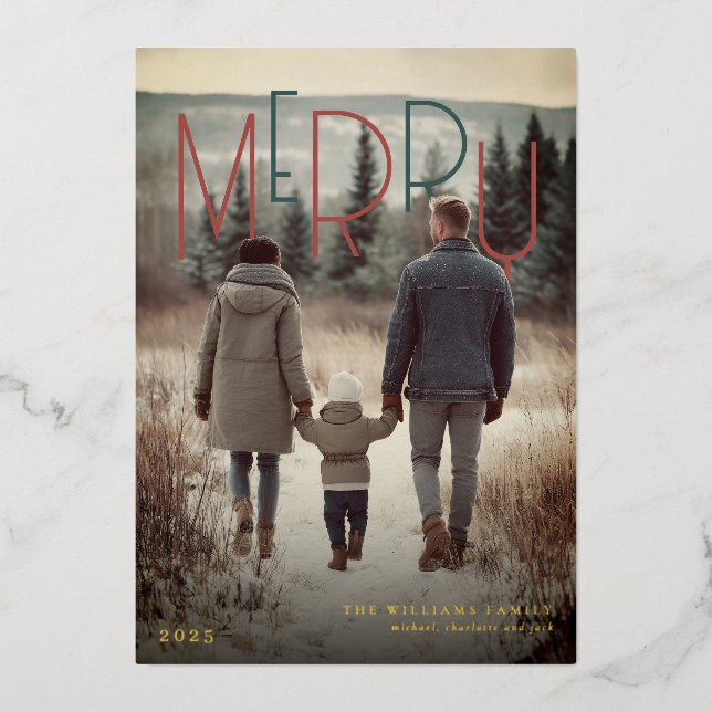 Modern Merry Foil Holiday Photo Card (Front)