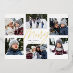 Modern merry gold 6 photo Christmas collage Foil Holiday Card<br><div class="desc">A college of 6 photos is collected around a modern merry script in the centre and a custom name or message. This simple design is trend forward and the perfect way to share a year of highlights with friends and family. The backer is a festive red and white stripe.</div>