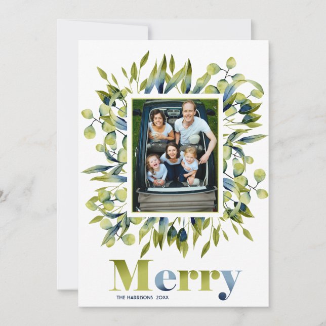 Modern Merry Green Blue Leaves  Photo Holiday Card (Front)