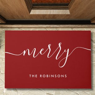 Modern Merry Holiday Family Name Red Doormat