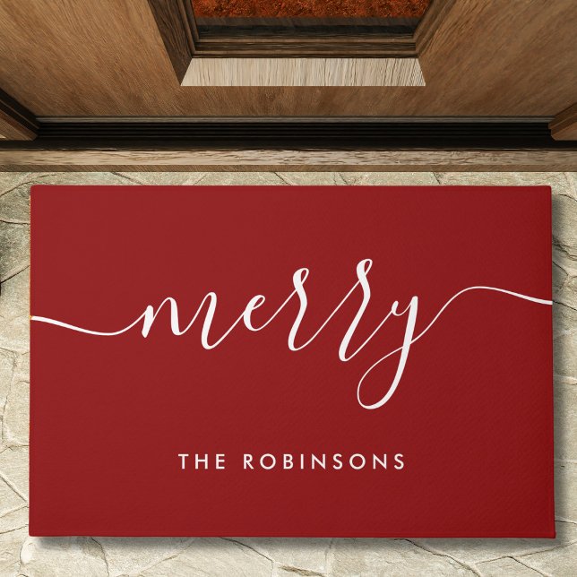 Modern Merry Holiday Family Name Red Doormat (Creator Uploaded)
