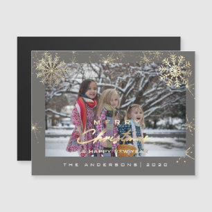 Modern Merry Holiday Snowflakes Photo White Grey Magnetic Invitation