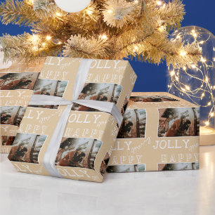 Modern Merry Jolly Happy Custom Photo Christmas Wrapping Paper