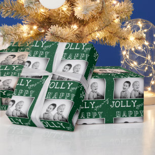 Modern Merry Jolly Happy Custom Photo Christmas Wrapping Paper