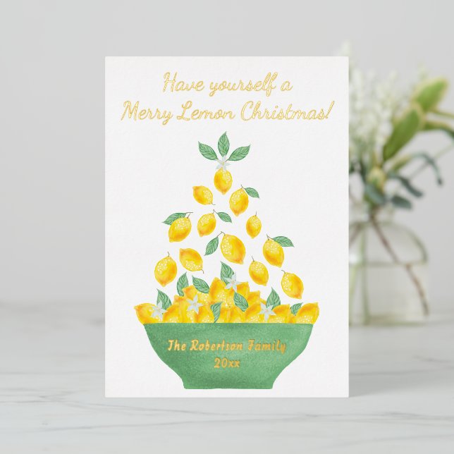 Modern Merry Lemon Christmas Tree Citrus Photo Foil Holiday Card (Standing Front)