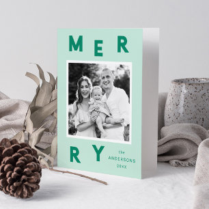 Modern Merry Letters Mint & Green 2 Photo Holiday Card