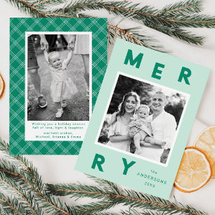 Modern Merry Letters Mint & Green 2 Photo Holiday Card