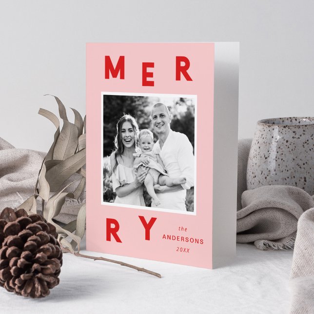 Modern Merry Letters Pink & Red 2 Photo Holiday Card (Creator Uploaded)