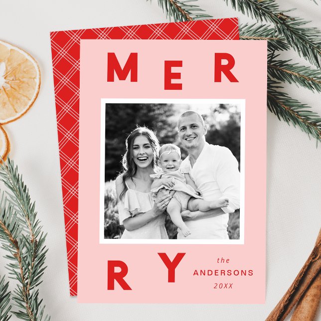 Modern Merry Letters Pink & Red Photo Holiday Card (Creator Uploaded)