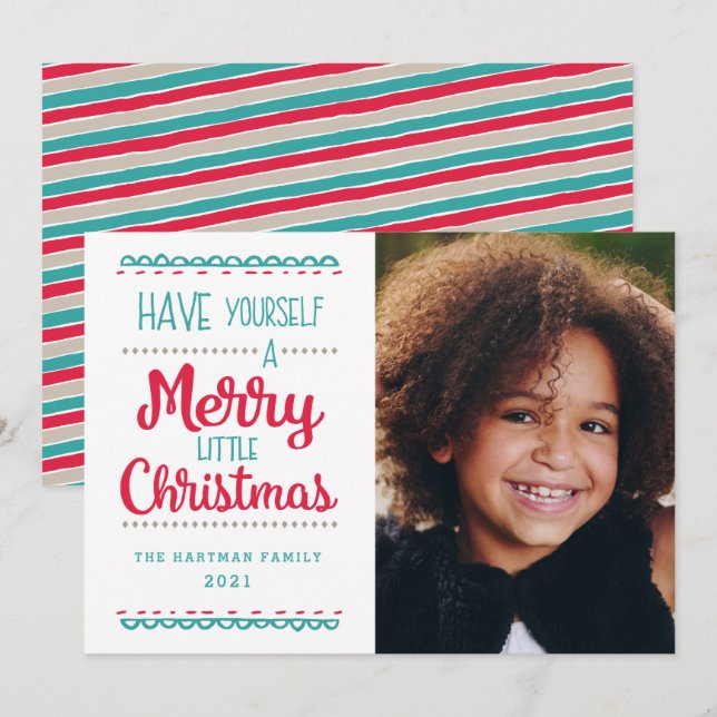Modern Merry Little Christmas Cute Aqua Photo Holiday Card (Front/Back)