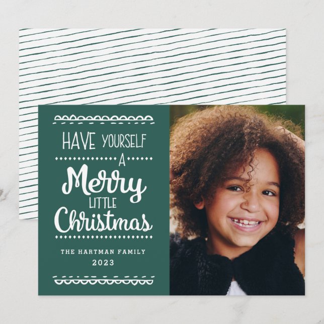 Modern Merry Little Christmas Cute Green Photo Holiday Card (Front/Back)