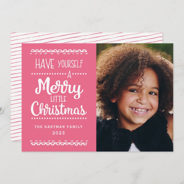 Modern Merry Little Christmas Cute Pink Photo Holiday Card (Front/Back)