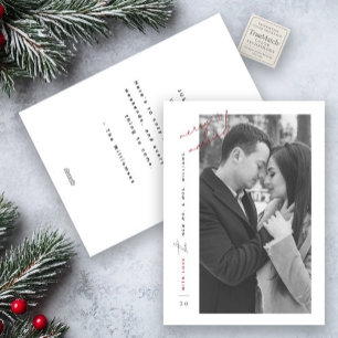 Modern Merry Married Black White Red Photo Script Holiday Card
