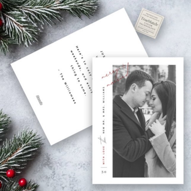 Modern Merry Married Black White Red Photo Script Holiday Card (Creator Uploaded)