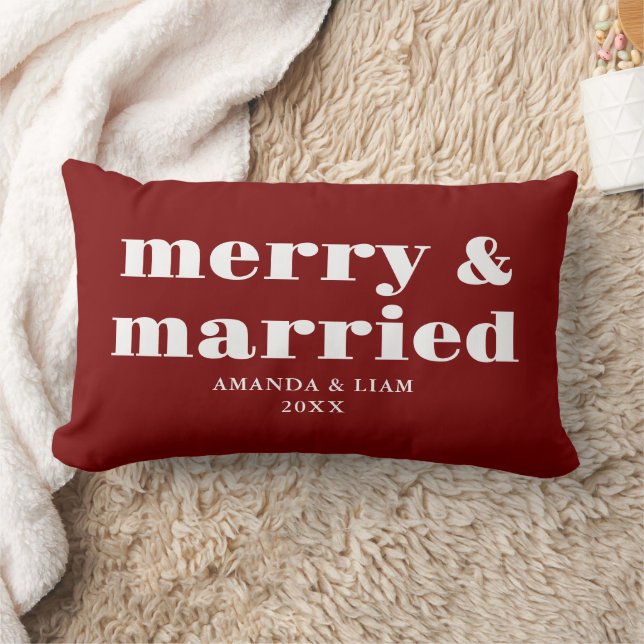 Modern Merry & Married Personalised Red Christmas Lumbar Cushion (Blanket)