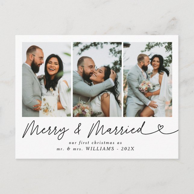 Modern Merry & Married Wedding Photo Christmas  Holiday Postcard (Front)