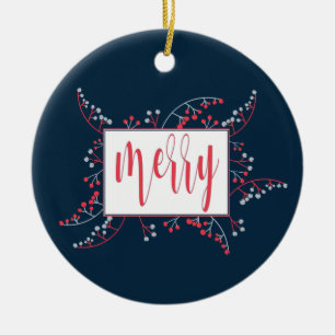 Modern Merry message red blue berries Christmas Ceramic Ornament