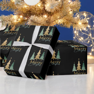 Modern Merry Minimalist Christmas Pine Tree Black Wrapping Paper