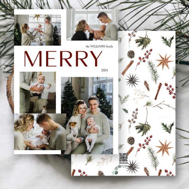 Modern Merry Multi Photo Botanical Christmas Holiday Card (Creator Uploaded)