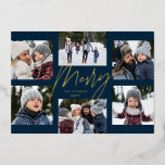 Modern merry navy gold 6 photo Christmas collage Foil Holiday Card<br><div class="desc">A college of 6 photos is collected around a modern merry foil script in the centre and a custom name or message. This simple design is trend forward and the perfect way to share a year of highlights with friends and family. The backer is a festive navy blue and white...</div>