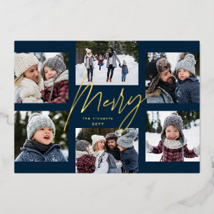 Modern merry navy gold 6 photo Christmas collage Foil Holiday Card