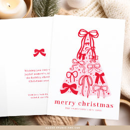 Modern Merry Pink Red Bow Tree Holiday Card