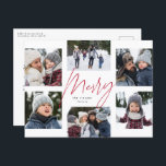 Modern merry red script 6 photo Christmas collage Holiday Postcard<br><div class="desc">A college of 6 photos is collected around a modern merry script in the centre and a custom message in this holiday photo card. This simple Christmas card design is trend forward and the perfect way to share a year of highlights with friends and family. The back has room for...</div>