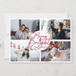 Modern merry script red 4 photo Christmas collage Holiday Card